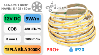 LED pásek COB 12V / 480LED / 9W / 3000K / IP20 / 8mm / PRO+
